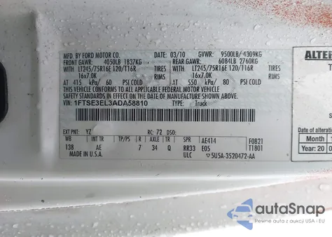 2010 Ford E-350 Super Duty Commercial/Recreational z USA, uszkodzony, nr VIN 1FTSE3EL3ADA58810